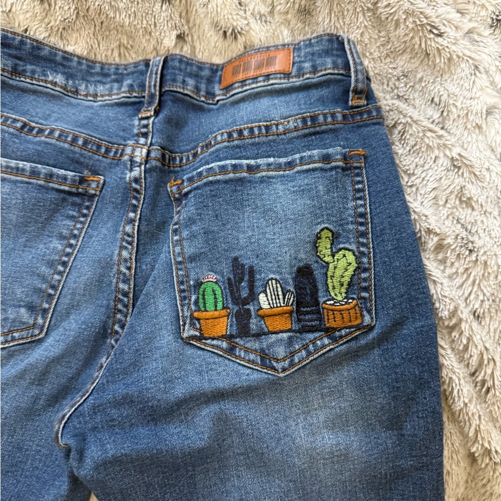 Green and Blue Straight Leg Jeans with Southwestern Embroidery